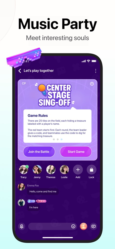 Pazzy - Users can engage in dynamic group activities, with clear "CENTER STAGE SING-OFF" game rules and a vibrant multi-user chat interface fostering lively social interaction.
