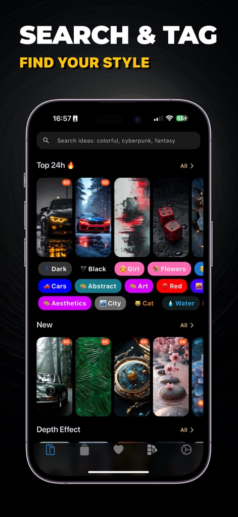 Cone AI Wallpapers 4K & 6К HD - The app provides robust search capabilities and convenient tag filtering, allowing users to effortlessly find desired wallpapers based on categories like "Cars" and "Abstract".