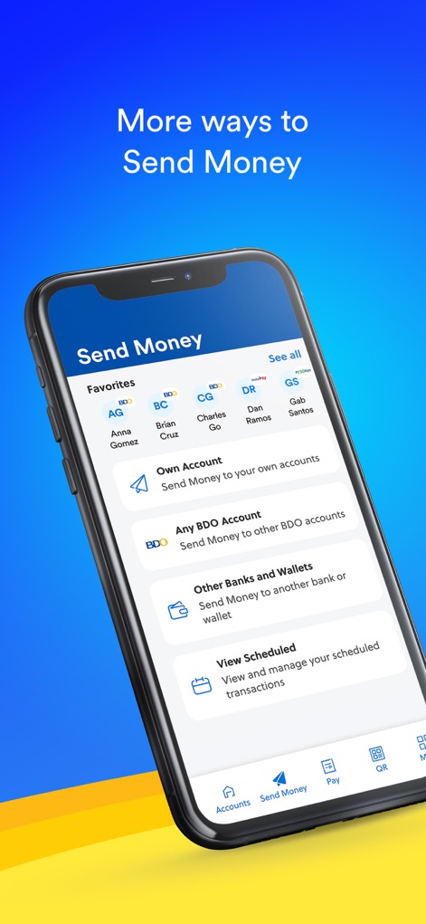 BDO Online - The app facilitates diverse money transfers, including transactions to 'Any BDO Account' and to 'Other Banks and Wallets,' alongside options to 'View Scheduled' transfers.