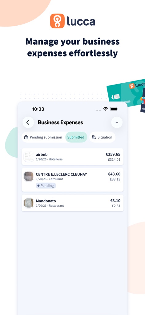 Lucca HR - Les utilisateurs peuvent suivre leurs notes de frais grâce à des onglets de statut clairs (Soumises, En attente) et une liste détaillée des transactions avec les montants et devises correspondants.