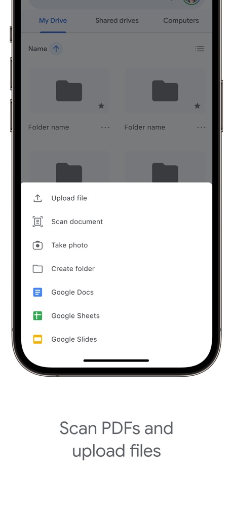 Google Drive App Store screenshot 2, headline “Scan PDFs and upload files”. Solid background.