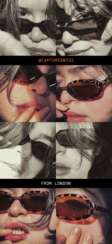 Retrica: Vintage Camera Studio - La galleria mostra la versatilità dell'app nella creazione di collage multi-pannello, mescolando estetiche come lo scatto a colori e l'immagine in bianco e nero, e include attributi visivi come "@CAPTURED_BYGS" per dare credito al creatore.