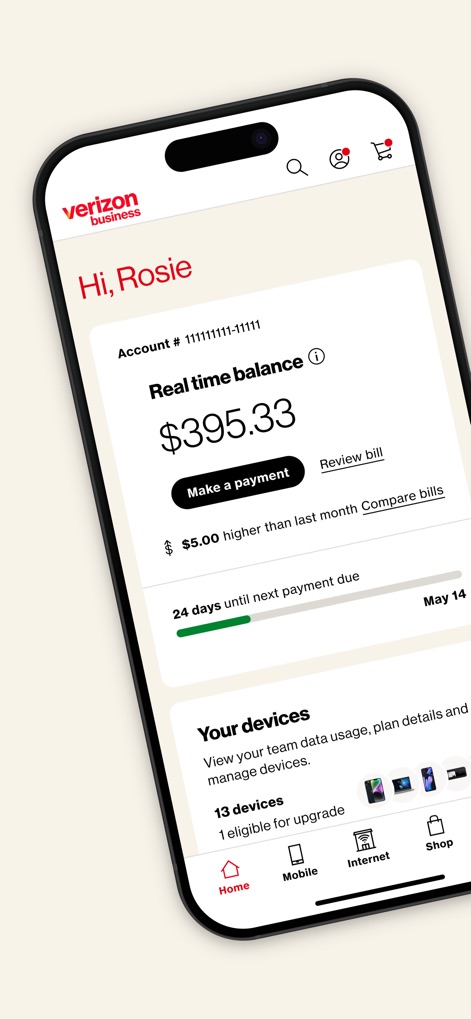 My Verizon For Business - O aplicativo apresenta um "saldo em tempo real" da conta e uma seção dedicada aos "Seus dispositivos", oferecendo uma visão imediata das finanças e ativos. 