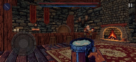 KnightBound - Dark Fantasy - Immerse yourself in the cozy tavern atmosphere, complete with detailed pixel art patrons and a warm, inviting fireplace, showcasing the app's attention to environmental storytelling and NPC interaction.