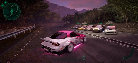 Static Shift Racing - Players can gather their uniquely customized cars on a scenic mountain road, showcasing the app's stunning graphics and ambient lighting effects like glowing underbody neon.