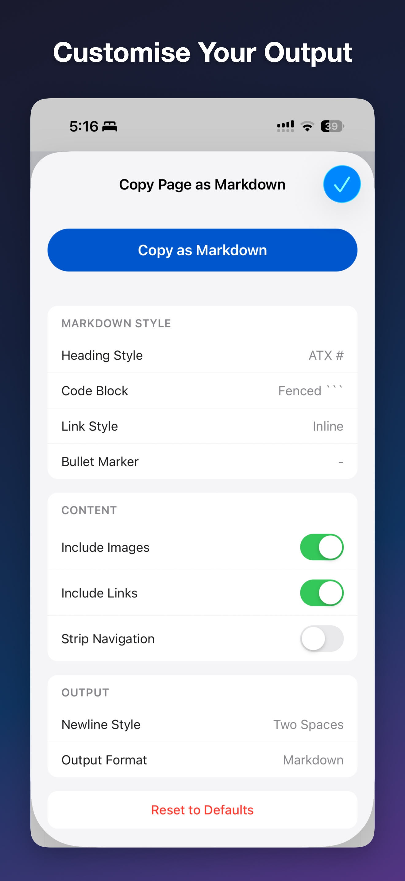 MDC - Markdown Copier iOS screenshot 2 showing app interface