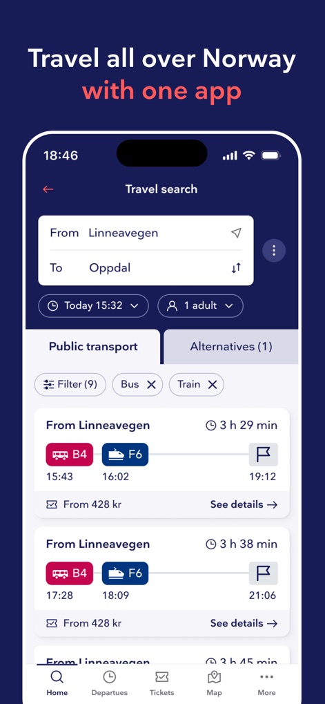 Entur - Travel and tickets - The app’s intuitive interface presents a detailed travel search form and displays filtered journey options for various transport types.