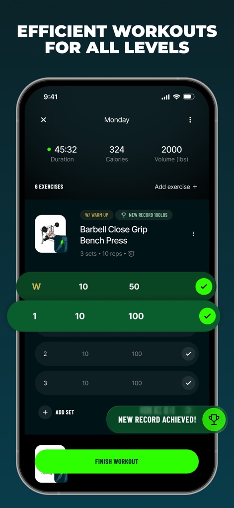 Befit: Gym & Home Workout Plan - Users can efficiently track workout sessions with a clear summary of duration and calories, along with immediate feedback for 'New Record Achieved!'.
