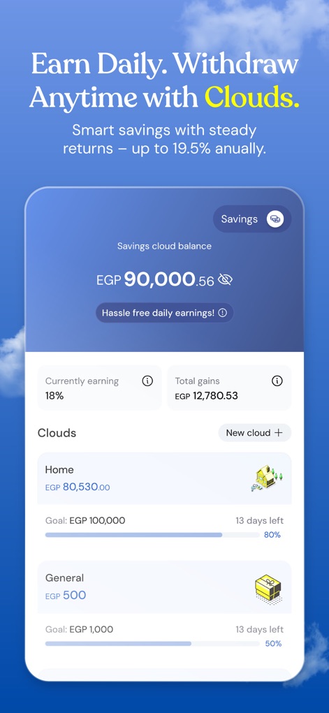 Thndr: Invest Your Money - La schermata mostra il saldo complessivo dei risparmi nella funzione 'Clouds' (EGP 90.000,56) e le percentuali di guadagno attuale, offrendo una chiara panoramica dei progressi verso obiettivi come 'Home'.