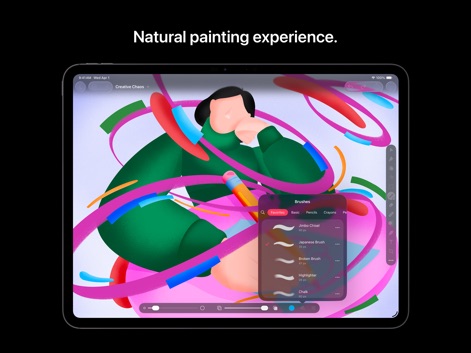 Pixelmator Pro: Edit Images - Los creativos pueden explorar la rica experiencia de pintura digital, con una paleta de pinceles de doble textura visible en el panel "Brushes" y una ilustración colorida como ejemplo de su potencial artístico.