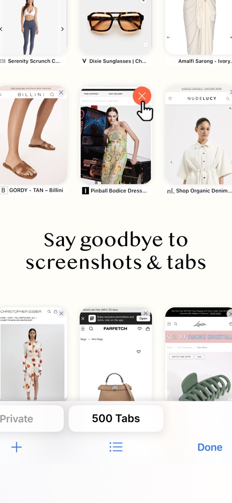 Sortd | Shopping Wishlist App - Esta herramienta simplifica la gestión de deseos al eliminar la necesidad de capturas de pantalla y pestañas abiertas, permitiendo a los usuarios descartar productos como el 'Pinball Bodice Dress' de forma sencilla y gestionar múltiples artículos, reemplazando la molestia de las '500 Tabs'.
