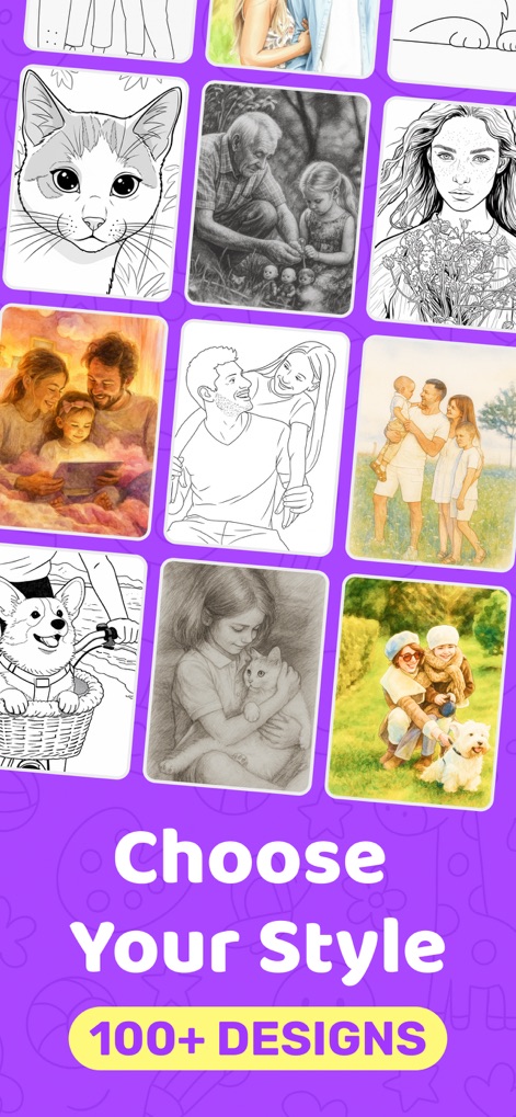 Sketchfy: Coloring Book Maker - Die Galerie präsentiert eine Fülle von über 100 Designs, die von niedlichen Katzenmotiven bis hin zu detaillierten Familienporträts reichen, und zeigt die breite Palette an verfügbaren Stilen.