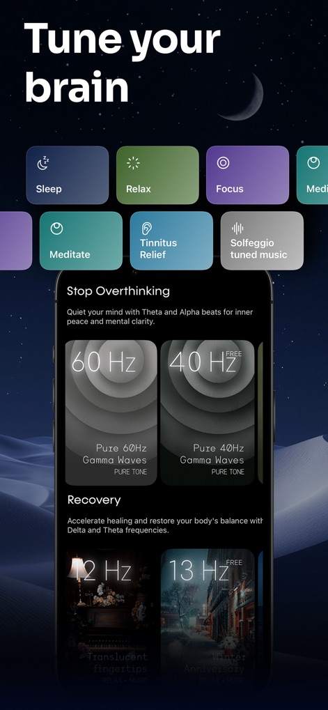 Anima: Binaural Beats - Explore the app's intuitive interface for 'Tune your brain', showcasing diverse categories like 'Sleep' and 'Focus', along with specific frequency options such as '60 Hz Gamma Waves' and '12 Hz Delta and Theta frequencies'.