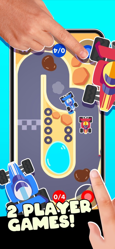 2 Player Games - Pastimes - 두 명의 사용자가 같은 기기에서 경주용 자동차를 조종하며 함께 플레이하고, 화면 하단에는 '2 PLAYER GAMES!' 문구가 명시되어 있습니다.