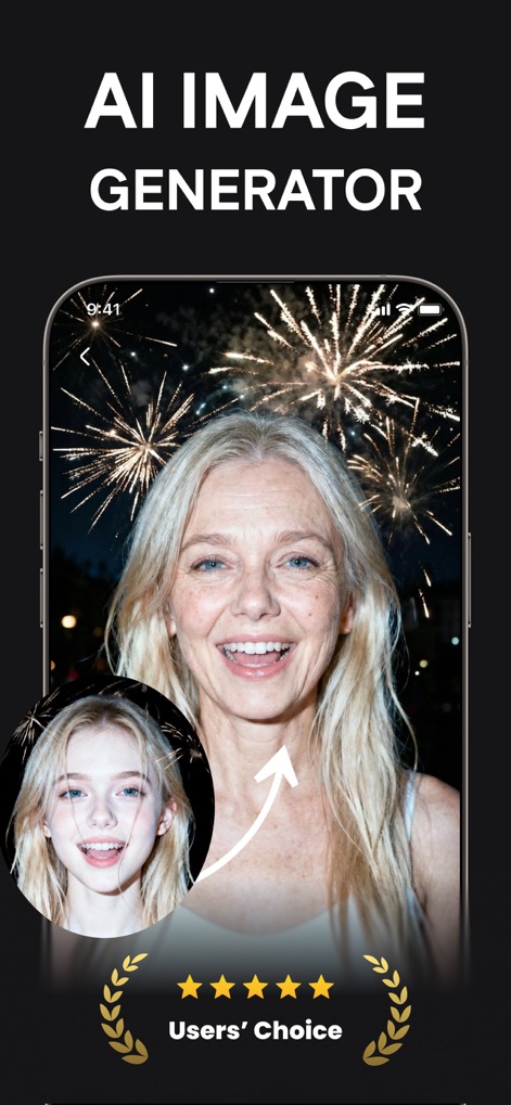 Mysticat-AI Photo Studio - This tool offers seamless AI age transformation, clearly illustrating the transition from a younger to an older visage, and is recognized with a "Users' Choice" badge.