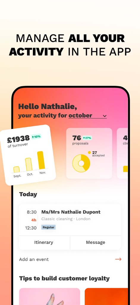 Self-employed jobs Wecasa Pro - Esta interface permite aos profissionais acompanhar o seu desempenho financeiro, ilustrado pelo "turnover de £1938" e a taxa de aceitação de "27 propostas aceitas", bem como gerenciar a agenda diária de compromissos.