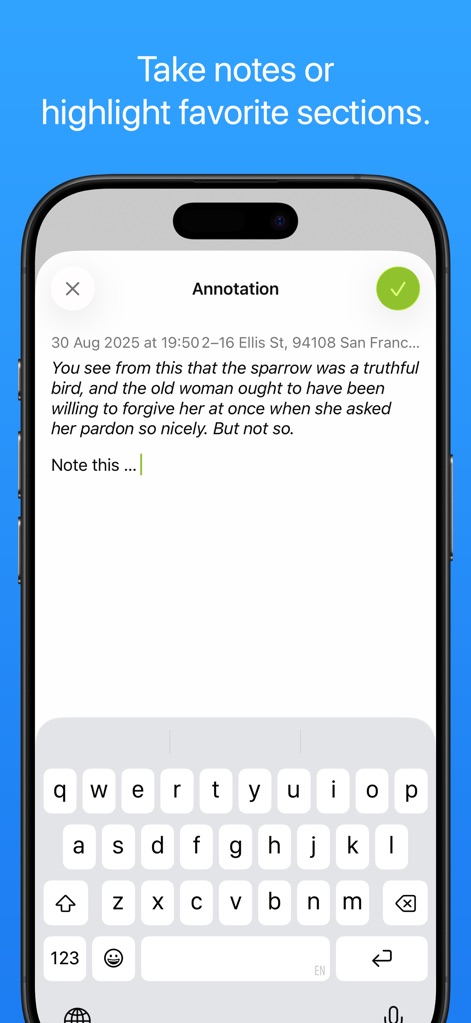 Yomu EBook Reader - The app provides a dedicated annotation input field, allowing users to effortlessly capture thoughts and notes using the integrated keyboard.