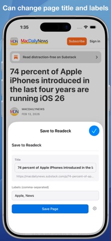 Save to Readeck iPhone screenshot