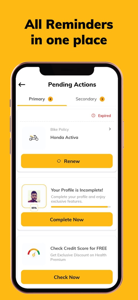 Digit Insurance - This centralized screen highlights essential pending actions, including 'Bike Policy' renewals and a clear prompt to complete the 'User Profile', ensuring timely engagement.