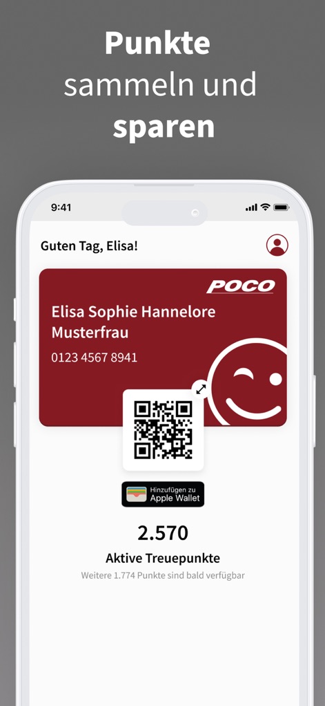 POCO I Möbel, Deko & Prospekte - Esta tela mostra a "Digitale Kundenkarte" de um usuário com um QR code e o total de "Aktive Treuepunkte" acumulados.