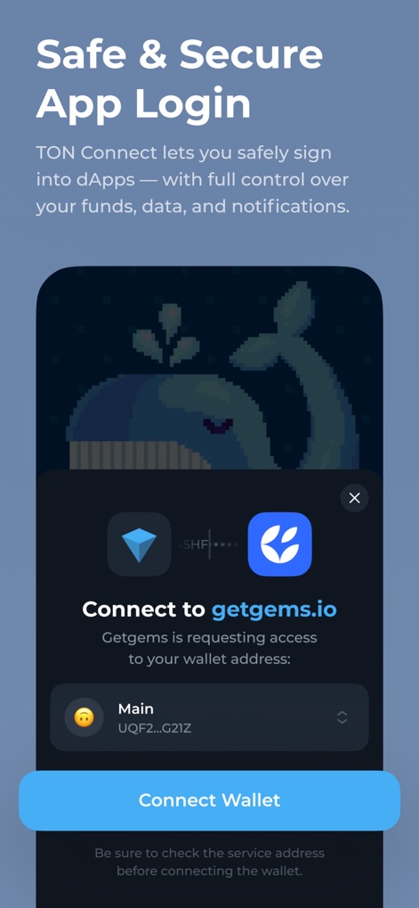 Tonkeeper — TON Wallet - This feature ensures secure interactions with decentralized applications, displaying a clear 'Connect to getgems.io' prompt and verifying the user's selected 'Main' wallet.