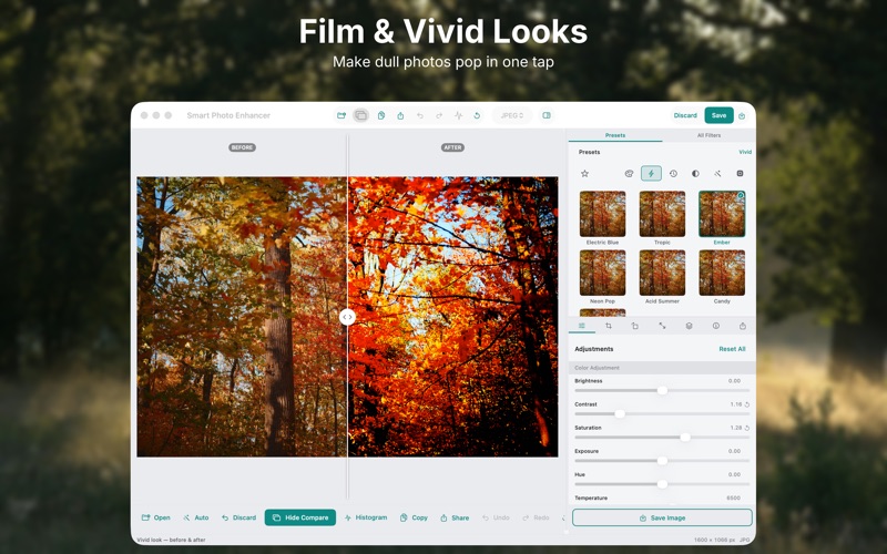 Apply film looks with one tap