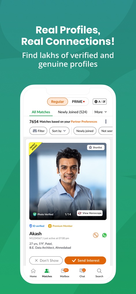 GujaratiMatrimony - Shaadi App - L'app mette in evidenza profili autentici con l'indicatore "ID verified" e offre agli utenti filtri avanzati per affinare le preferenze di ricerca.