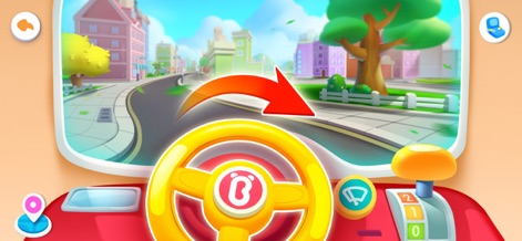 Baby Panda's House Games - Experience exciting driving simulations, navigating through realistic cityscapes with an interactive steering wheel and clear directional guidance.
