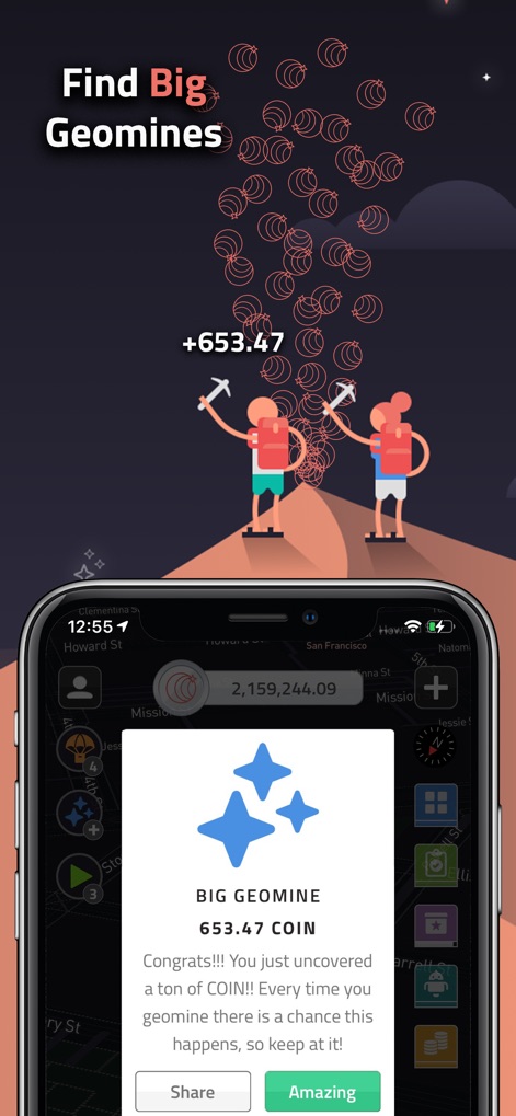 COIN: Always Be Earning - Esta herramienta notifica a los usuarios sobre grandes recompensas con una atractiva alerta de 'Big Geomine', acompañada de una animación de mineros que refuerza la experiencia de búsqueda de tesoros digitales.