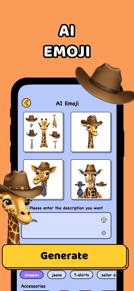 Easy Stickers - Sticker maker - A funcionalidade "AI Emoji" permite aos usuários gerar emojis únicos, como a girafa com chapéu, utilizando um campo de descrição textual para personalizar as criações.