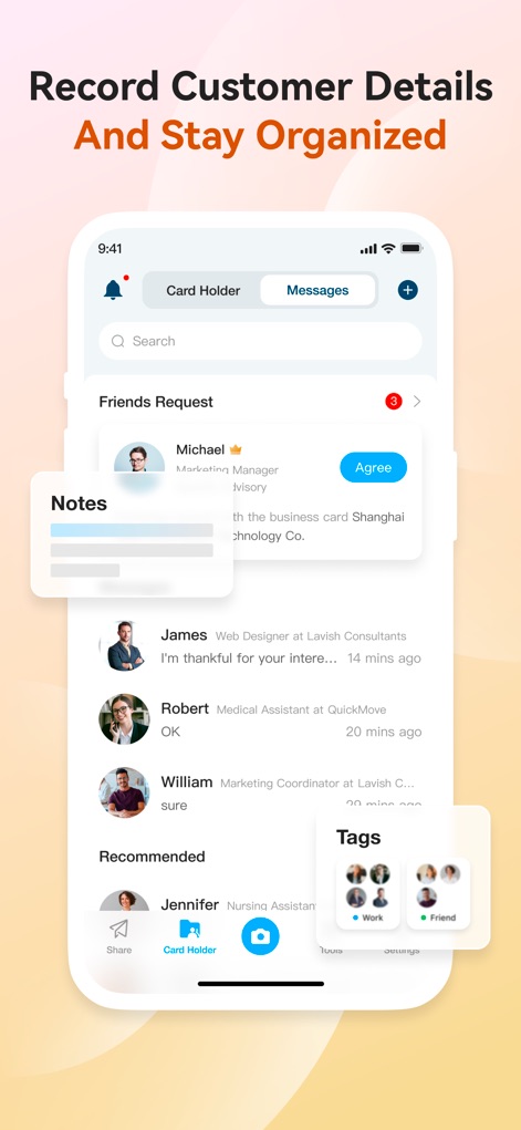 CamCard AI Business Assistant - O gerenciamento de contatos é simplificado com a possibilidade de adicionar 'Notes' a cada interação e organizar os contatos utilizando 'Tags' personalizáveis para fácil recuperação.