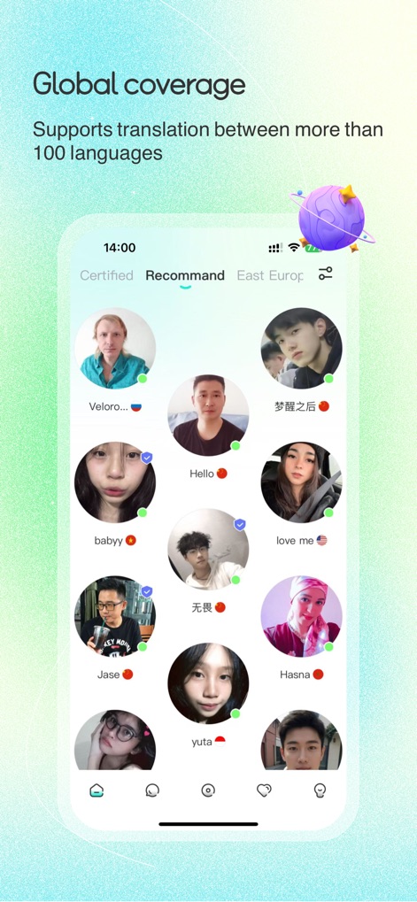 WorldTalk-Make Foreign Friends - The app showcases its extensive user base through a diverse grid of user profiles and associated country flags.