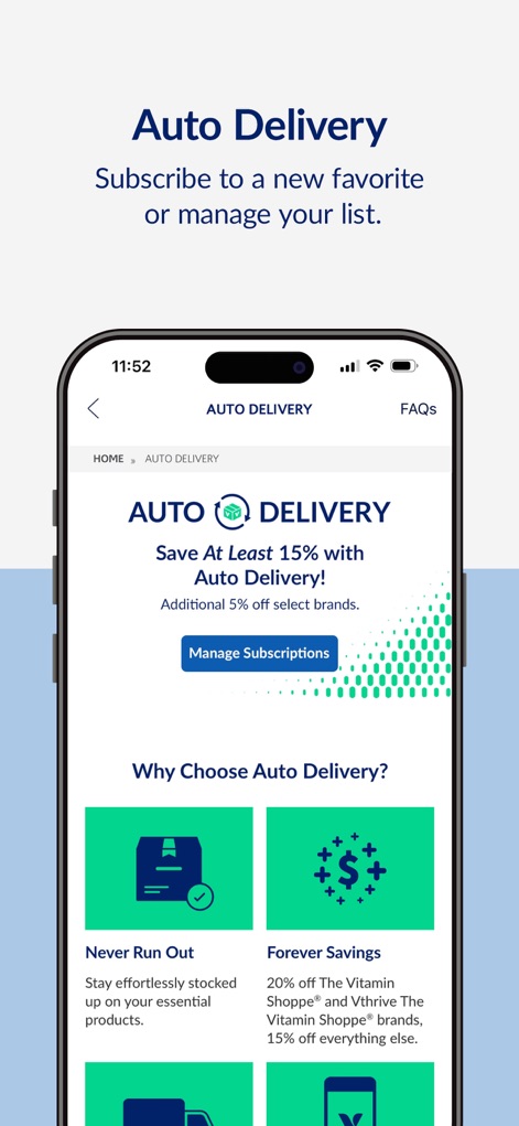 The Vitamin Shoppe - VShoppe - Users can easily 'manage subscriptions' and benefit from features like 'Never Run Out' and 'Forever Savings'.