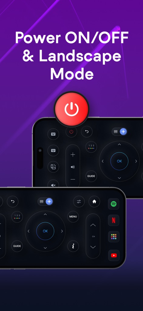 Remote for Samsung TV Smart - O destaque para o botão de ligar/desligar a TV e a demonstração do layout versátil no modo paisagem evidenciam o controle completo e adaptável que o aplicativo oferece aos usuários.
