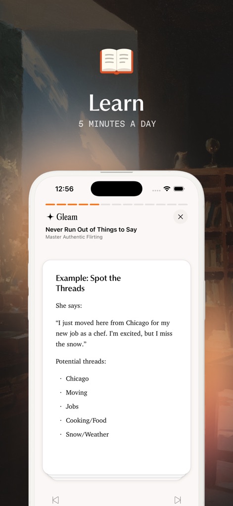 Gleam: Social Intelligence - Users engage with practical learning examples, such as 'Spot the Threads', to dissect conversations and identify potential discussion points.