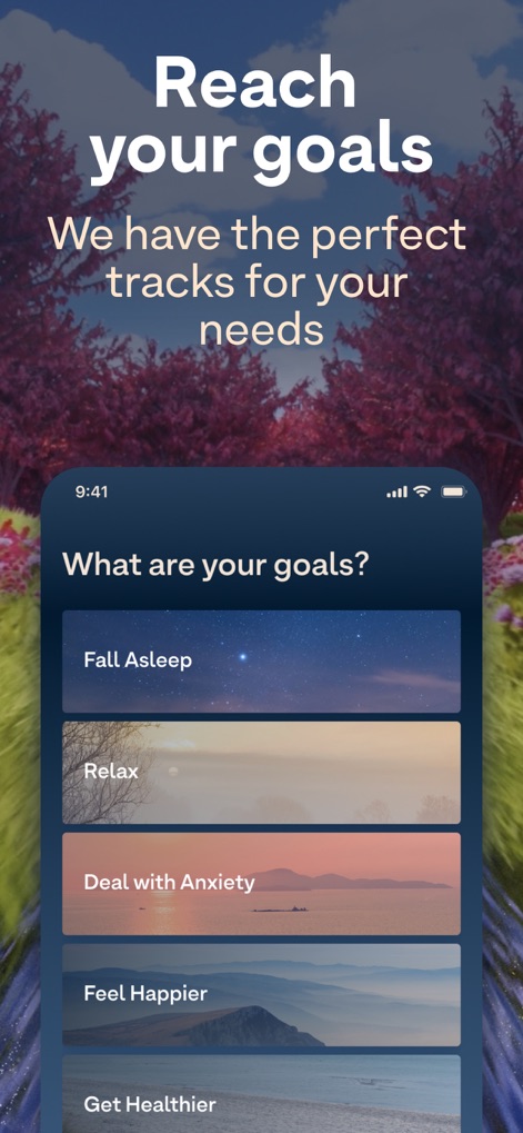 Breethe: Sleep & Meditation - Questo screenshot mostra la capacità dell'app di guidare gli utenti verso i loro obiettivi di benessere, offrendo un menu chiaro con opzioni come "Fall Asleep" e "Deal with Anxiety".