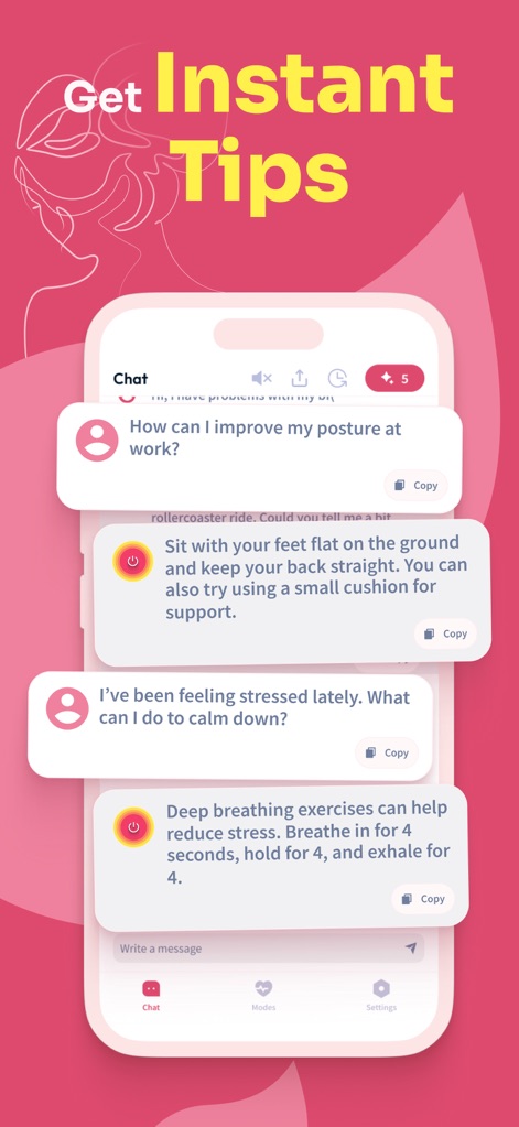 Vibrator: Strong Vibration App - The integrated AI feature provides 'instant tips' and personalized recommendations for improving 'posture at work' and managing stress effectively.