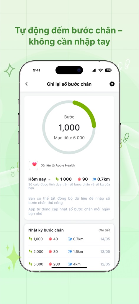 Caloer - Tính Calo & Giảm Cân - The app automatically counts steps, displaying the current count and daily target in a circular visual, alongside a detailed historical log of step activity.