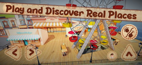 Pepelo 2: Around the World - The app takes players to recognizable locales, as seen with the classic pier and Ferris wheel attraction, alongside the simple movement controls.