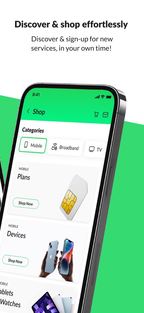 StarHub App - Esta sección facilita la exploración de ofertas, mostrando categorías de productos claras como "Móvil" y "Banda Ancha", junto con imágenes ilustrativas de los productos como tarjetas SIM y dispositivos.