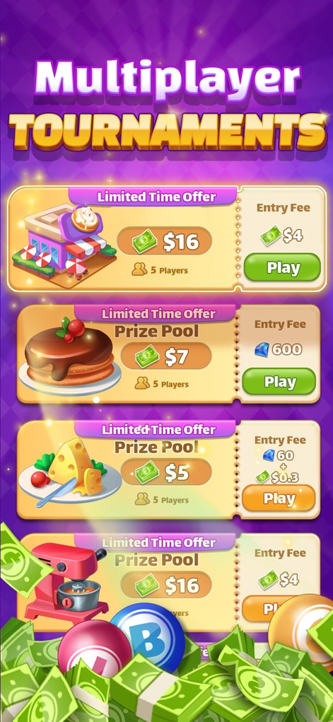 Bingo For Cash - Real Money - Os usuários podem explorar uma variedade de torneios multiplayer, cada um exibindo seu "Prize Pool" (prêmio total) e a "Entry Fee" (taxa de entrada) correspondente, incentivando a participação.