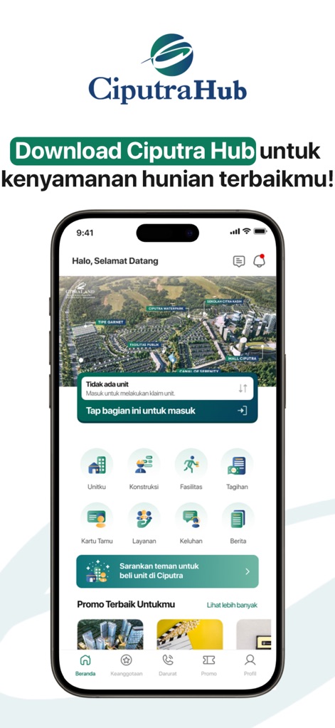 Ciputra Hub - L'application centralise la gestion de votre propriété avec des icônes de service claires et un aperçu cartographique de l'écosystème Ciputra.
