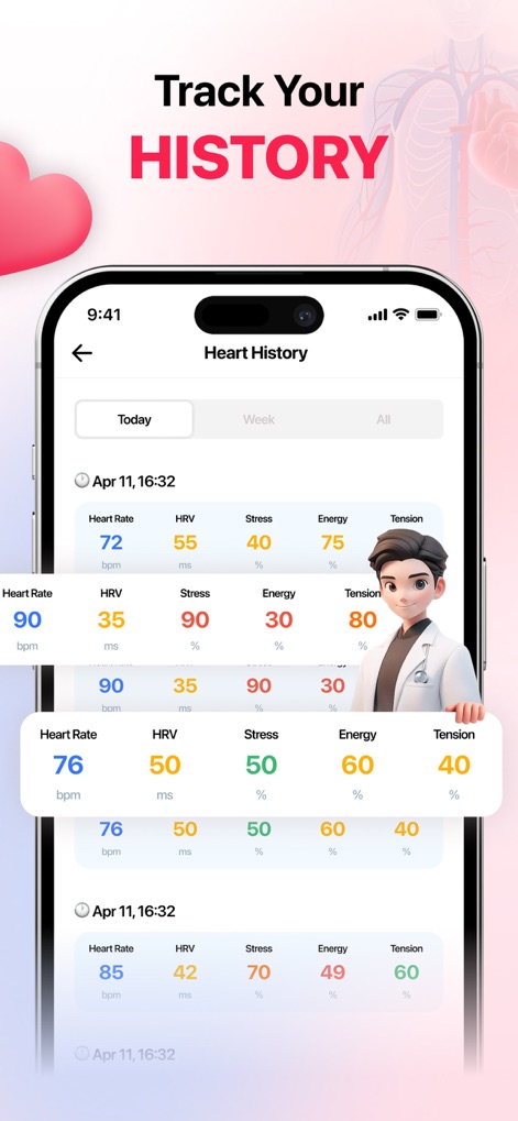 Heart Rate Monitor: For health - Explore the comprehensive "Heart History" feature, presenting a chronological listing of past heart health data and summary metrics for various indicators.