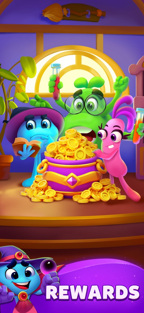 Sort Jam - Esta imagen muestra a los personajes celebrando un caldero rebosante de monedas de oro, simbolizando las gratificaciones obtenidas, y la palabra 'Rewards'.