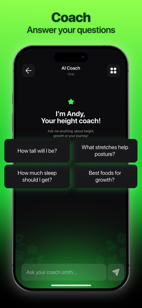 GoTall - Height Predictor - Engage with the AI Coach for personalized guidance, exploring suggested questions such as "How tall will I be?" and "What stretches help posture?".
