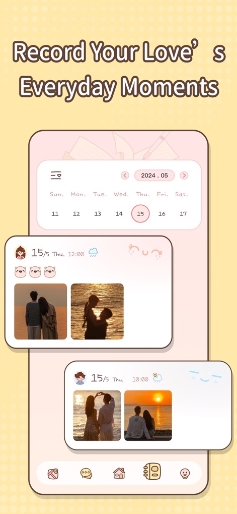 Sweetly-the world for couples - Users can document precious moments using a visual calendar for easy navigation and upload multiple photos with associated date and weather details.