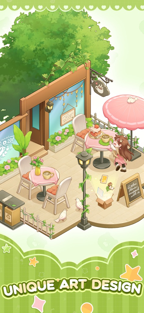 Oops! Tidy Up - Immerse yourself in the beauty of an outdoor cafe patio, featuring vibrant hand-illustrated foliage and quaint seating arrangements that contribute to a relaxing ambiance.