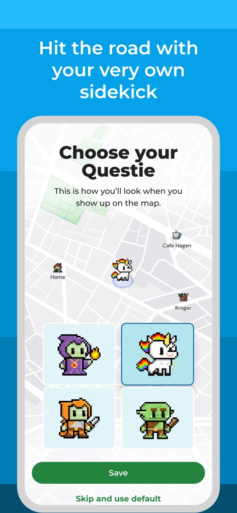 MapQuest GPS Navigation & Maps - See how users can personalize their experience by choosing a unique 'Questie' character, visible both in the selection screen and as their map icon.