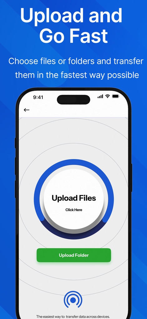 PairDrop - This screen illustrates the streamlined process for initiating transfers, featuring distinct 'Upload Files' and 'Upload Folder' options for quick content selection.