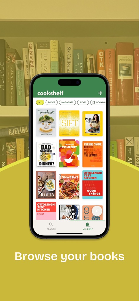 CookShelf: Search Cookbooks - The app presents a user's entire cookbook collection in an organized grid view, featuring cover art and customizable categories like 'Books' and 'Magazines' for easy browsing.